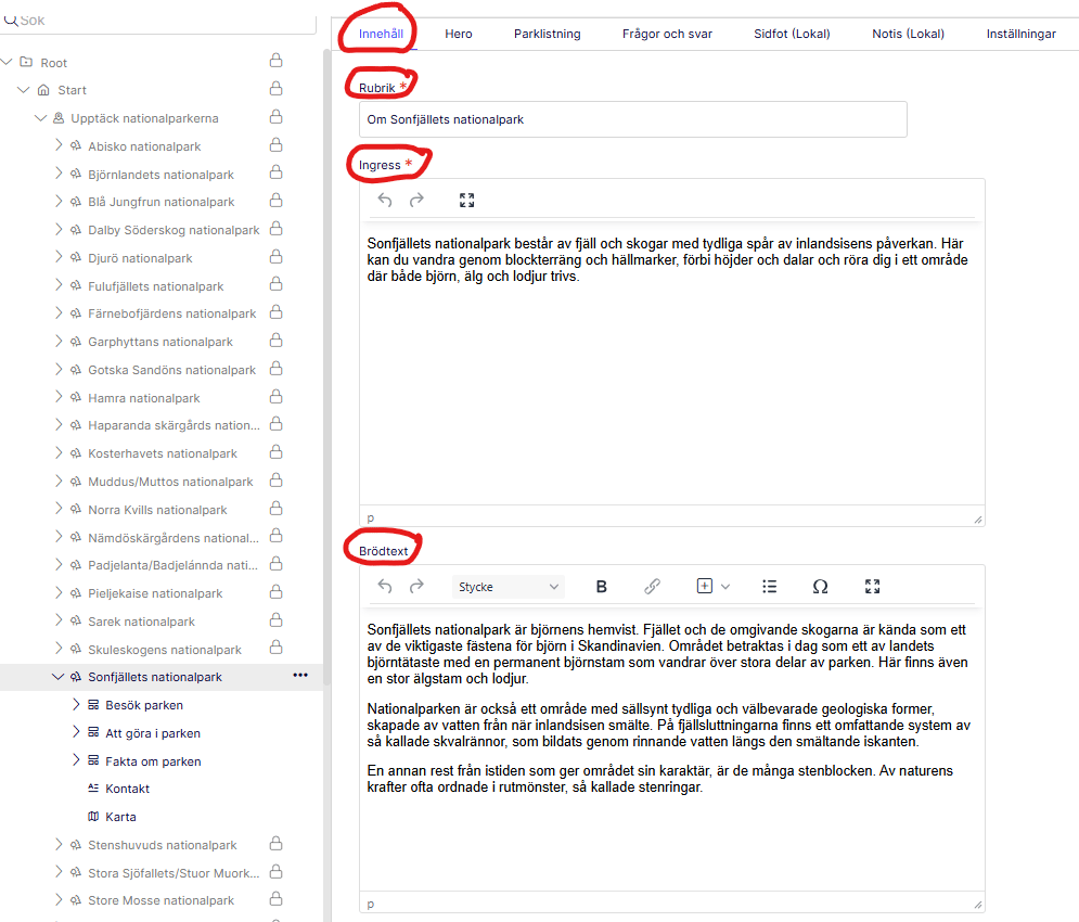 Rubrik, ingress och brödtext inringade på webbsidan.