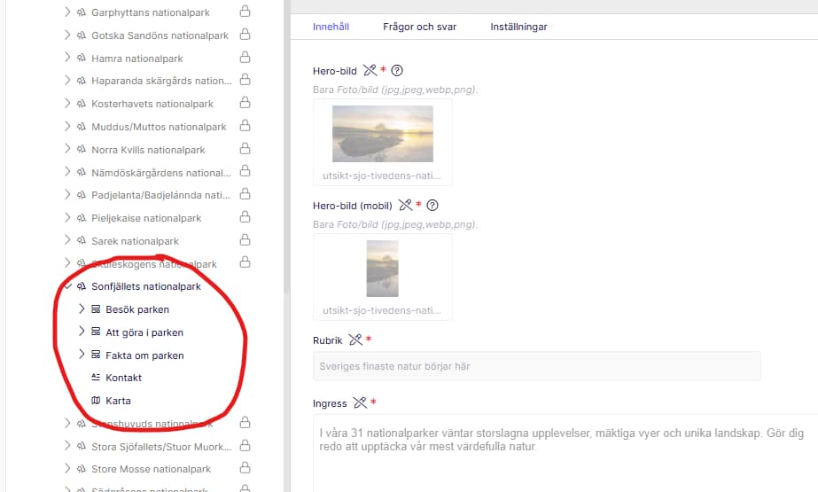 Översikt över webbstrukturen i redaktörsläget.