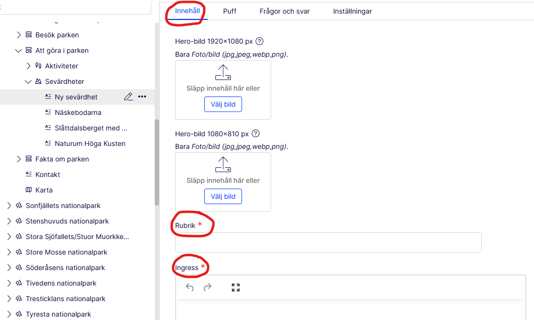 Ett skärmklipp som visar fliken Innehåll inringad och de obligatoriska fälten för rubrik och ingress. 